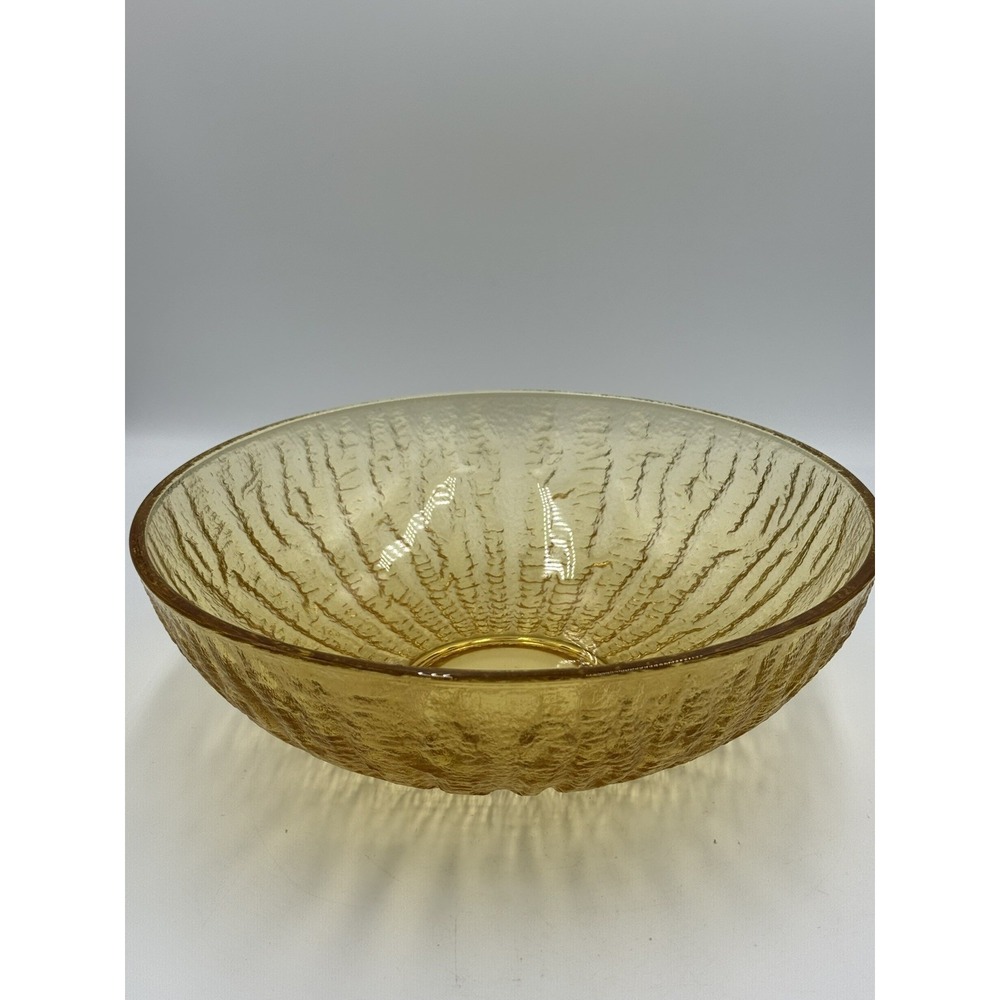 VTG Large Amber Gold Yellow Crinkle Glass Salad Serving Bowl 11" Diameter
